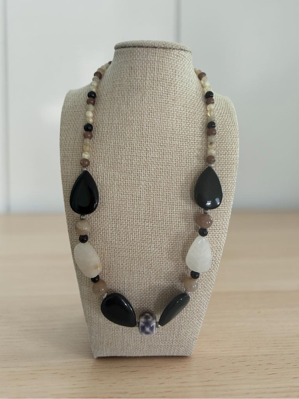 Handmade Neutral Gemstone Teardrop Necklace - Black, Cream & Brown